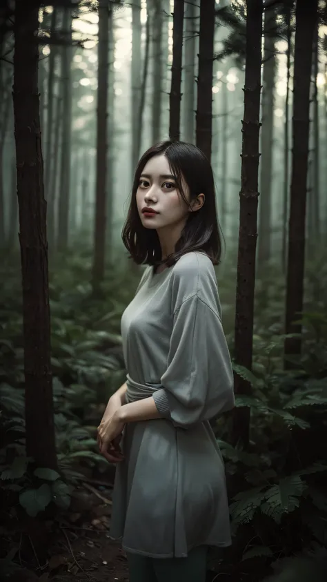 Beautiful girl in a grey dress standing in a dark forest, Magnificent style, Octane Rendering, Desert Composition, Beautiful Face, Surreal, Oil on canvas, Award-winning, masterpiece, Trending on Art Station, Studio Ghibli,Short Bob