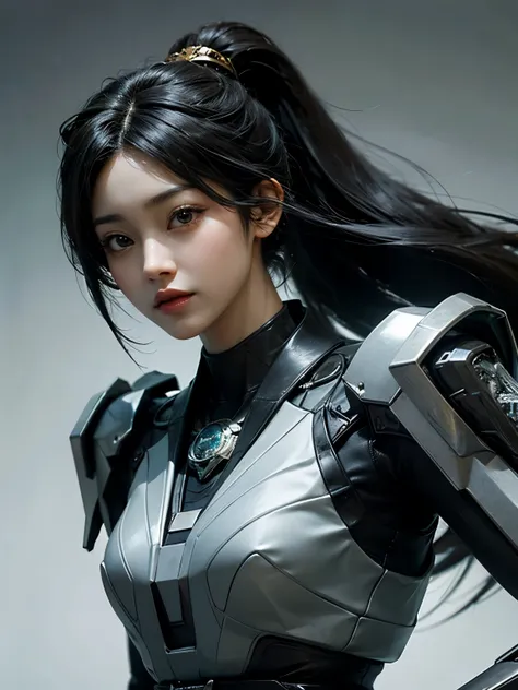 ((best quality)), ((masterpiece)), (detailed), perfect face. Black hair. Anime girl. Asian girl. Black eyes. Mecha. Half body.