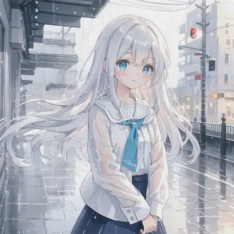 (Best quality, 4k, 8k, high resolution, masterpiece: 1.2), extremely detailed, (actual, photo actual, photo actual: 1.37), girl on rainy days, white long hair, beautiful and delicate blue eyes, beautiful and delicate lips, long eyelashes, wind blown hair, ...