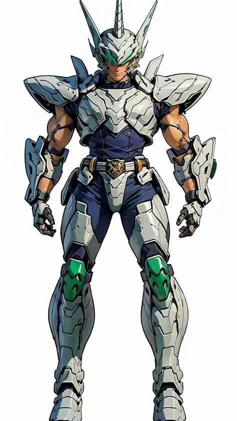 A man wearing a full-face helmet, a fantasy-style biotech armored combat suit, green eyes, (a composite layered chest armor), fully enclosed shoulder guards, matching arm and leg guards, the belt is adorned with Horseshoe-shaped marker, (the color scheme i...
