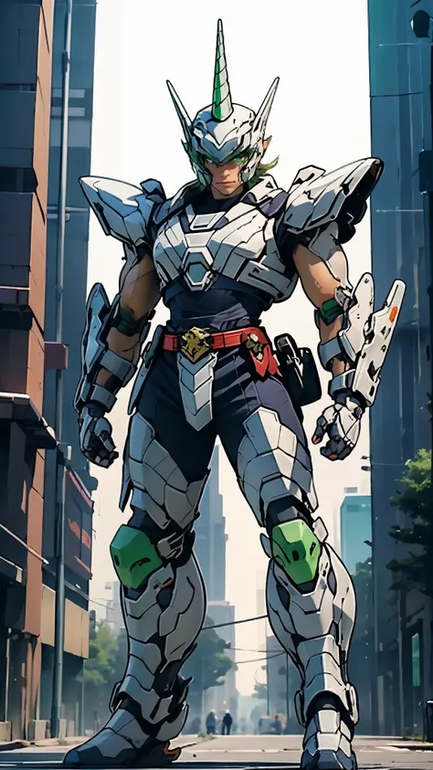 A man wearing a full-face helmet, a fantasy-style biotech armored combat suit, green eyes, (a composite layered chest armor), fully enclosed shoulder guards, matching arm and leg guards, the belt is adorned with Horseshoe-shaped marker, (the color scheme i...