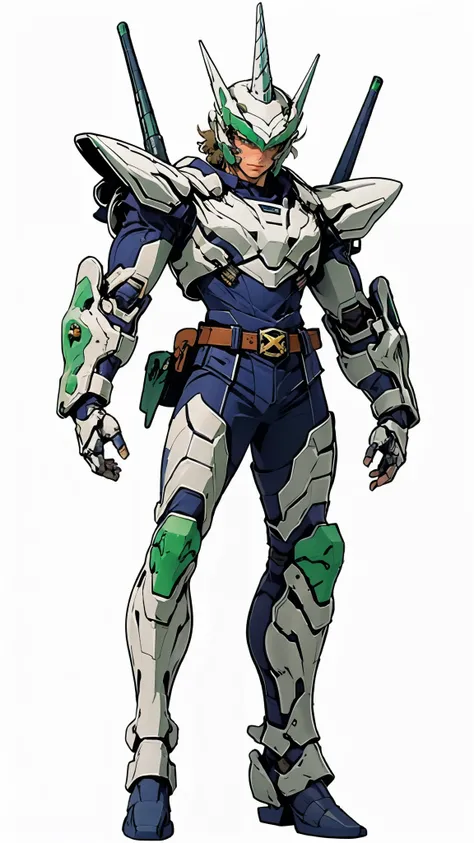 A man wearing a full-face helmet, a fantasy-style biotech armored combat suit, green eyes, (a composite layered chest armor), fully enclosed shoulder guards, matching arm and leg guards, the belt is adorned with Horseshoe-shaped marker, (the color scheme i...