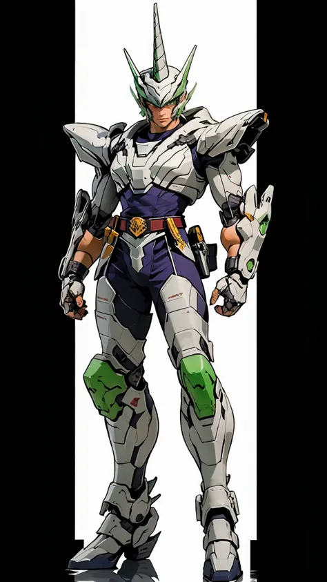 A man wearing a full-face helmet, a fantasy-style biotech armored combat suit, green eyes, (a composite layered chest armor), fully enclosed shoulder guards, matching arm and leg guards, the belt is adorned with Horseshoe-shaped marker, (the color scheme i...