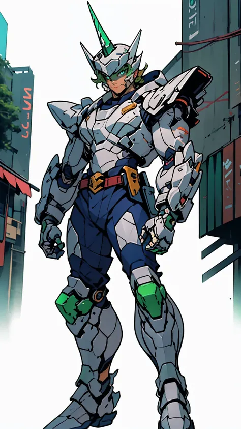 A man wearing a full-face helmet, a fantasy-style biotech armored combat suit, green eyes, (a composite layered chest armor), fully enclosed shoulder guards, matching arm and leg guards, the belt is adorned with Horseshoe-shaped marker, (the color scheme i...