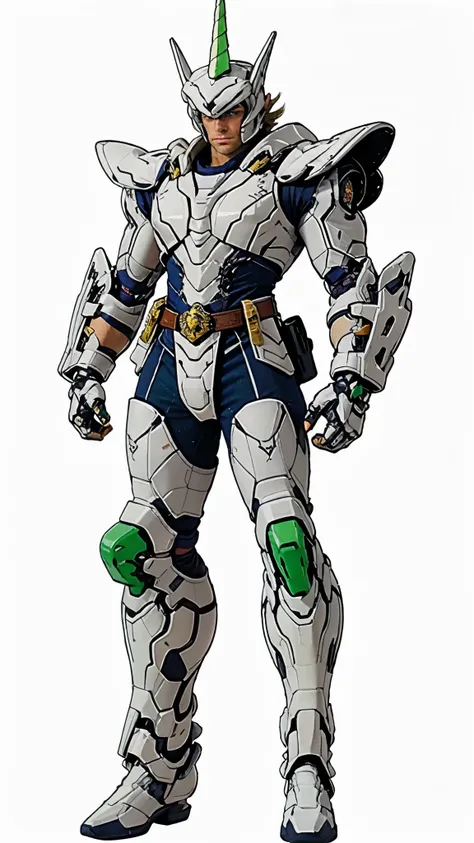 A man wearing a full-face helmet, a fantasy-style biotech armored combat suit, green eyes, (a composite layered chest armor), fully enclosed shoulder guards, matching arm and leg guards, the belt is adorned with Horseshoe-shaped marker, (the color scheme i...