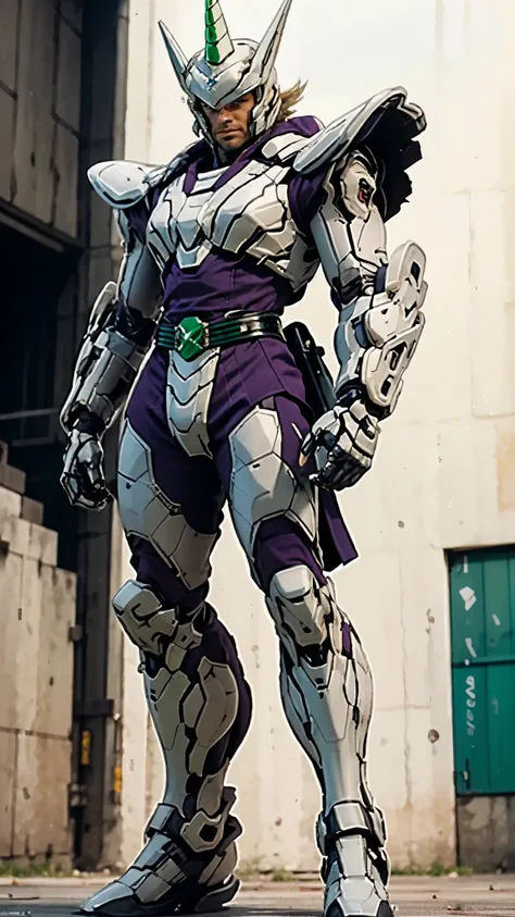 A man wearing a full-face helmet, a fantasy-style biotech armored combat suit, green eyes, (a composite layered chest armor), fully enclosed shoulder guards, matching arm and leg guards, the belt is adorned with Horseshoe-shaped marker, (the color scheme i...
