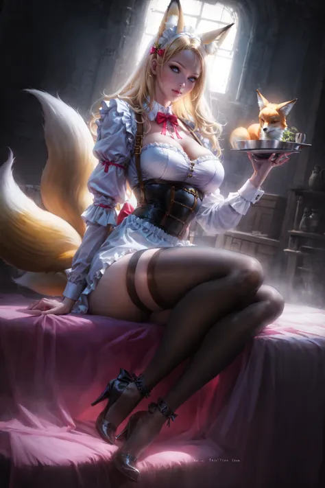 1girl,animal_ears,tail,maid_headdress,white_legwear,maid,breasts,pillow,blonde_hair,fox_tail,long_hair,tray,bow,fox_ears,solo,ap...