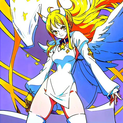 Egg-colored demon girl + Wear a white swimsuit with sleeves + white boots + It has white wings over black on its hips. + Long yellow hair tied up + yellow eyes + There is a small yellow star on the left cheek. + has a white tail + There is a white ribbon. ...