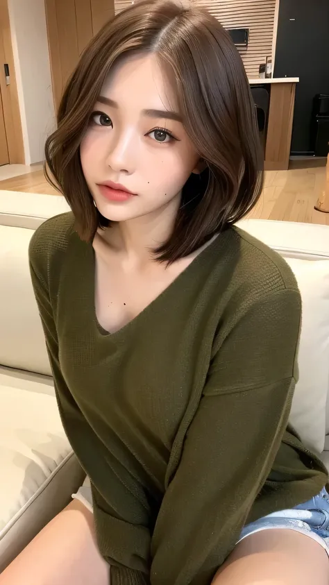 ((highest quality, 8k, masterpiece: 1.3)), 1 female, Japanese Idols,Sensual beauty: 1.3, (Hairstyle Brown Hair Short Bob, big: 1.2), Casual nightwear: 1.1, Very friendly face, Delicate eyes, double eyelid,Mole, Thick eyebrows,Sit on the sofa,Plump body,Cro...