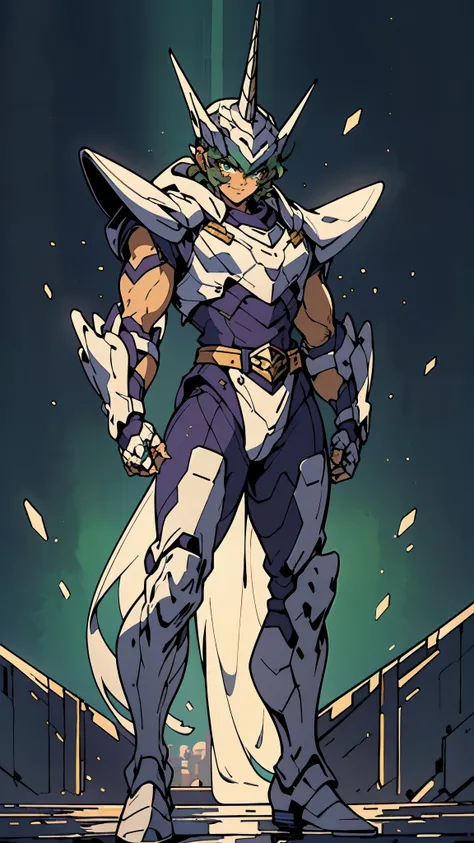 A man wearing a full-face helmet, a fantasy-style biotech armored combat suit, green eyes, (a composite layered chest armor), fully enclosed shoulder guards, matching arm and leg guards, the belt is adorned with Horseshoe-shaped marker, (the color scheme i...