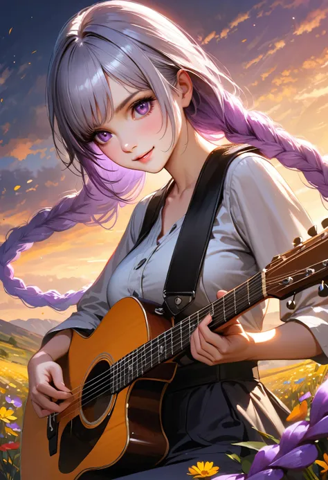 (best quality,4k,8k,highres,masterpiece:1.2),ultra-detailed,realistic:1.37, HDR,UHD,studio lighting,ultra-fine painting,sharp focus,physically-based rendering,extreme detail description,professional,vivid colors,bokeh,portraits

Evening sunset,A girl sitting on a vast field playing the guitar,yinji , purple hair,purple eyes,very long hair,grey hair,double braid,large breasts,gradient hair, Smile, Beautiful Face,The golden sunlight softly illuminates her face, highlighting her delicate features. The field is filled with colorful wildflowers, swaying gently in the breeze:1.1 vibrant red poppies, elegant purple lavender, and delicate yellow daisies. The girl's fingers gracefully glide along the guitar strings, producing melodic tunes that harmonize with the peaceful ambiance of nature. Her music resonates with the beauty of the surrounding landscape, creating a serene and captivating atmosphere. The warm sunlight casts long shadows on the ground, adding depth and dimension to the scene. The overall composition exudes a sense of tranquility and artistic elegance, capturing the essence of a poetic moment in time.