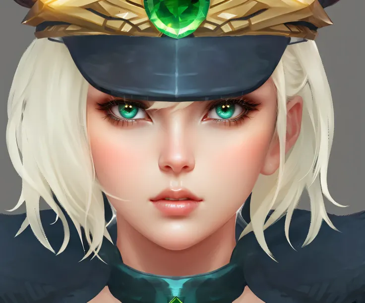 There was a woman，On his head he wears a hat and a green gem, type germ. High Detail, IG Model | type germ, Close-up characters, Character Art Close-up, extremely detailed type germ, Close-up charactersPortrait, Portrait close-up, type germ detailed, Chara...