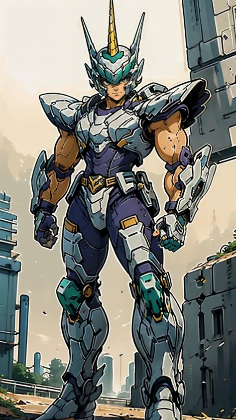 A man wearing a full-face helmet, a fantasy-style biotech armored combat suit, green eyes, (a composite layered chest armor), fully enclosed shoulder guards, matching arm and leg guards, the belt is adorned with Horseshoe-shaped marker, (the color scheme i...