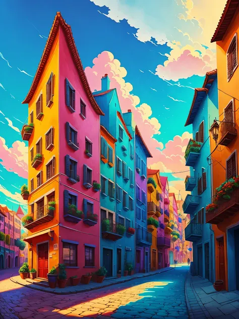 a city full with color and the sky but every thing have to be easy to draw and paint