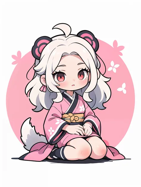 1girl,an animated female character with long white hair and red eyes, dressed in a pink blouse. She sits on a soft surface, with her tail curled up beside her. The artistic style is reminiscent of Japanese anime, with detailed shading and a warm color pale...