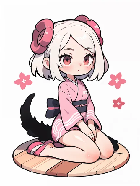 1girl,an animated female character with long white hair and red eyes, dressed in a pink blouse. She sits on a soft surface, with her tail curled up beside her. The artistic style is reminiscent of Japanese anime, with detailed shading and a warm color pale...