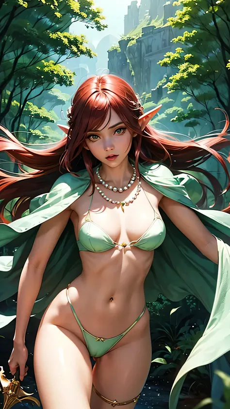 Beautiful Woman, elf ears, beautiful woman seen almost naked, 20 years old, clearly showing her legs, in attack,
elf outfit, wizard, long light red hair, pearls on a necklace, no underwear, pelvis showing, black panties, dark skin, turned away, penetrating...