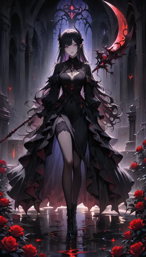 dark and mysterious,night,blood rain,a gothic anime girl,(scythe of death),哥特式非同寻常的artistic masterpiece,medium shot,depth of fie...