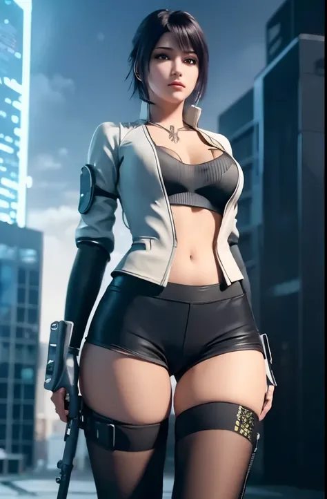 (Extremely detailed CG unity 8k wallpaper), (Extremely detailed), masterpiece, best quality, Lucy (Cyberpunk), Tights, Solitary, breast, Cyberpunk city, Colorful hair, short hair, looking at the audience, medium breast, black Tights, Gray eyes, - Hip vents...