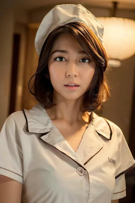 (Best quality, 8k, 32k, Masterpiece, UHD:1.2),Photo of Pretty Japanese woman, 1girl, (medium-short dark brown hair), (large breasts), double eyelid, White nurse uniform, small white nurse (cap), white shirt, open shirt, hospital, patients room, upper body,...