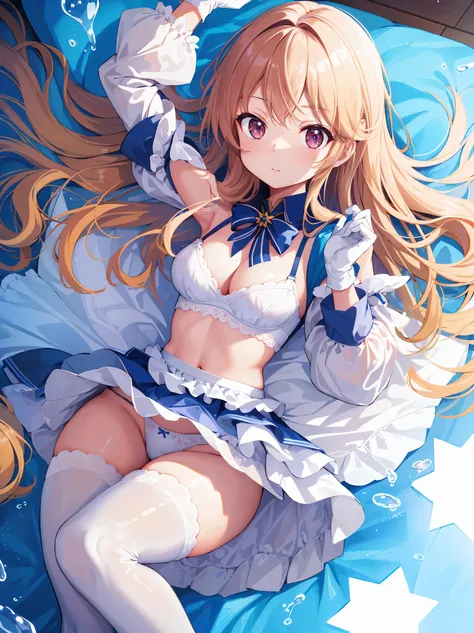 (1 girl),((high quality)), ((High resolution)), ((Very detailed)), (8k),(CG)、(Cute Bra)、(Cute Panties)、(Knee-high stockings)、Long Hand Gloves、Neutral white lighting,Sexy pose、Messy Hair、Hands behind the head、