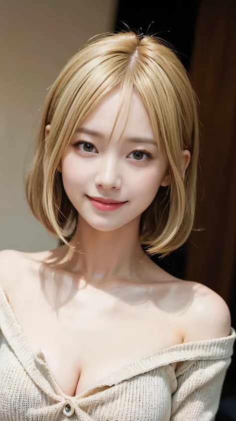 ((highest quality、Masterpiece、High resolution))、(((Zoom photo of upper body、Blonde Hair)))、(A shy smile:1.2)、One woman、Beautiful Skin、Beautiful Eyes、Cleavage、Shoulder、sweater、Trimmed bangedium Hair