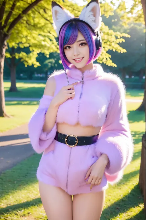 ultra sexy female, (-anime), only 1 female, very short hair, beautiful smile, lipgloss, long lashes, defined eyebrows, detailed fox anime cosplay, fluffy fur vivid colors outfit, cosplay accessoires, fox ears, vivid colors, look at the camera, cinematic li...