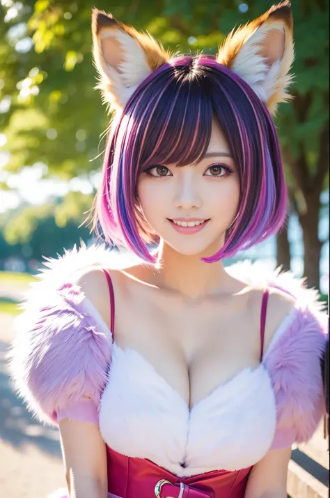 ultra sexy female, (-anime), only 1 female, very short hair, beautiful smile, lipgloss, long lashes, defined eyebrows, detailed fox anime cosplay, fluffy fur vivid colors outfit, cosplay accessoires, fox ears, vivid colors, look at the camera, cinematic li...