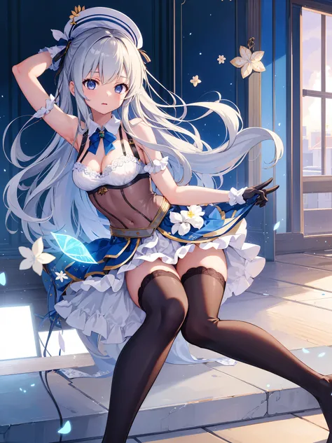 (1 girl),((high quality)), ((High resolution)), ((Very detailed)), (8k),(CG)、(Cute Bra)、(Cute Panties)、(Knee-high stockings)、Long Hand Gloves、Neutral white lighting,Sexy pose、Messy Hair、Hands behind the head、