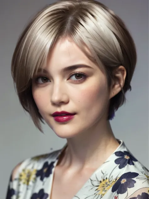 228 (20-year-old woman,Floral clothes),  ((Beautiful Hairstyles 46)), ((short hair:1.46)),  (lipstick)