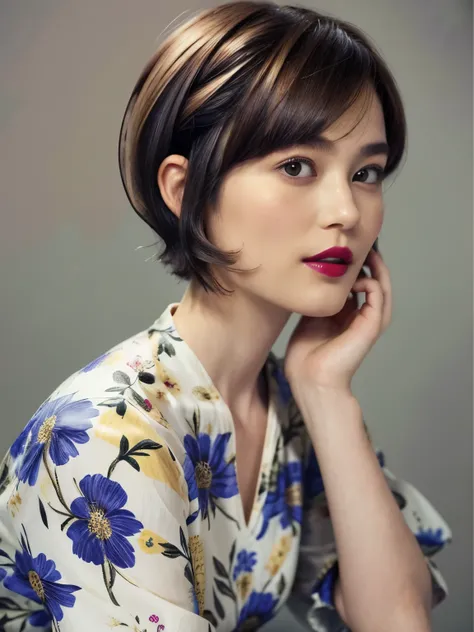 228 (20-year-old woman,Floral clothes),  ((Beautiful Hairstyles 46)), ((short hair:1.46)),  (lipstick)