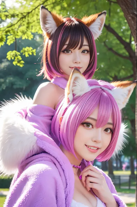 ultra sexy female, (-anime), only 1 female, very short hair, beautiful smile, lipgloss, long lashes, defined eyebrows, detailed fox anime cosplay, fluffy fur vivid colors outfit, cosplay accessoires, fox ears, vivid colors, look at the camera, cinematic li...