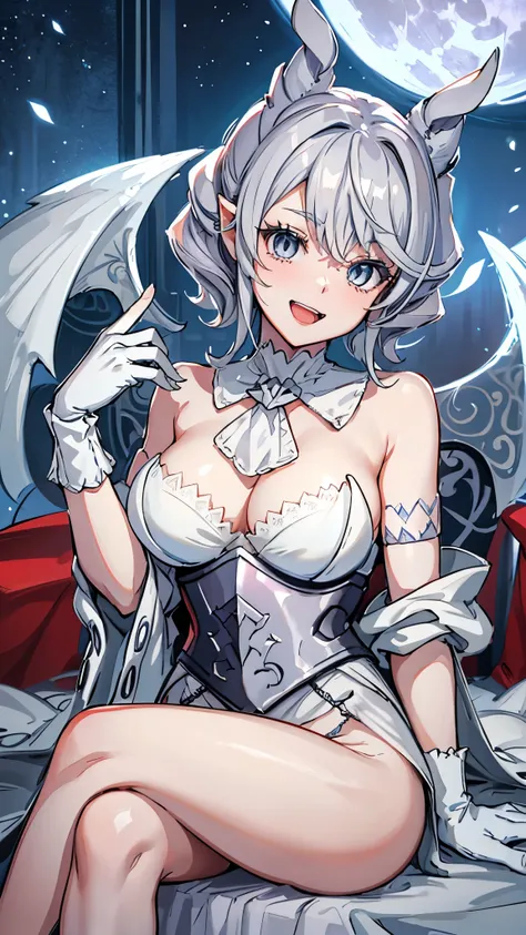 Throne top　High level image quality　best image quality　8K　 adult woman　whole body　portrait　pure white long gloves（elbow gloves）　　white long dress（slit）　white wolf ears  　short hair（（shortcut）（gray hair）（perm）（fluffy））　eye color is red　attractive evil face（...