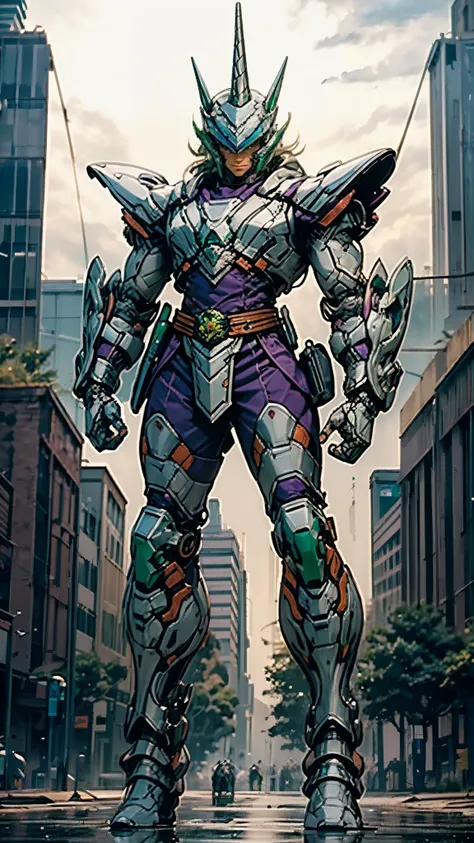 A man wearing a full-face helmet, a fantasy-style biotech armored combat suit, green eyes, (a composite layered chest armor), fully enclosed shoulder guards, matching arm and leg guards, the belt is adorned with Horseshoe-shaped marker, (the color scheme i...