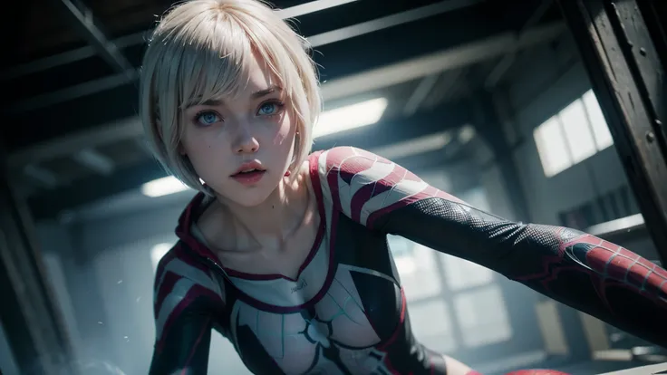 (((1 girl))), ((Spider-Gwen)), ((Spider-Gwen Outfit)), ((Spider-Gwen Haircut)), Textur, filmgrain, Hautporen, dusty atmospheric haze, Vignettierung, Falten, komplizierte Details:0.2 Intricate dramatic cinematic movie stills of a beautiful, elegant, Augenko...