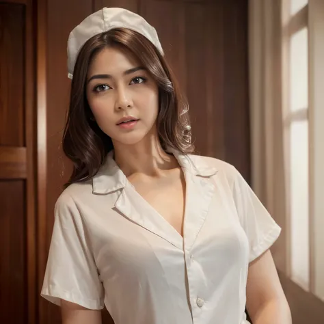 (Best quality, 8k, 32k, Masterpiece, UHD:1.2),Photo of Pretty Japanese woman, 1girl, (medium-short dark brown hair), (large breasts), double eyelid, White nurse uniform, small white nurse (cap), white shirt, open shirt, hospital, patients room, upper body,...