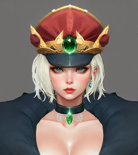 Close-up of woman wearing hat and collar, very detailed character, Close-up characters, high detail iconic character, 2D concept art head macro shot, Produced in collaboration with Anime Painter Studio, Eye-catching and detailed art style, Female character...