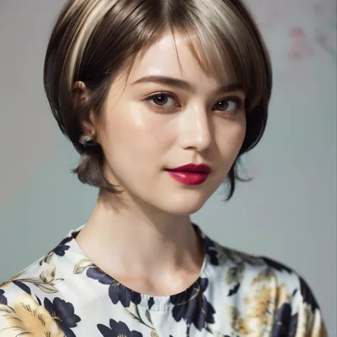 228 (20-year-old woman,Floral clothes),  ((Beautiful Hairstyles 46)), ((short hair:1.46)),  (lipstick)