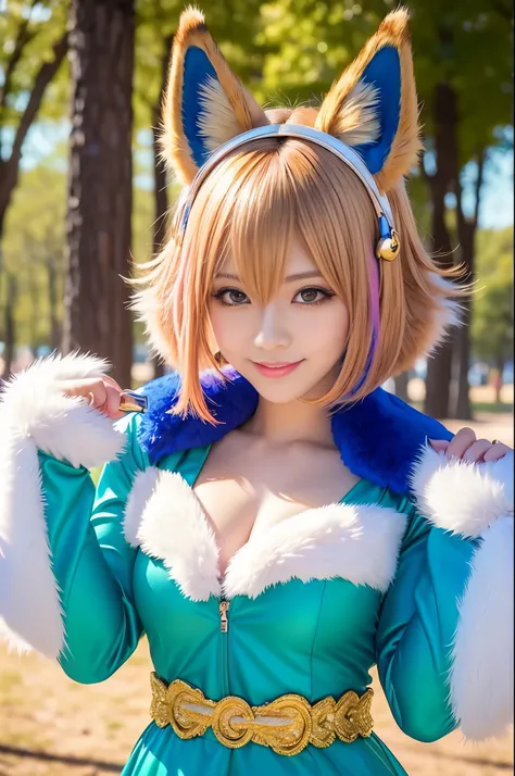 sexy golden princess, (-anime), only 1 female, very short hair, beautiful smile, lipgloss, long lashes, defined eyebrows, detailed fox anime cosplay, fluffy fur vivid colors fox outfit, fox cosplay accessoires, fox ears, vivid colors, look at the camera, c...