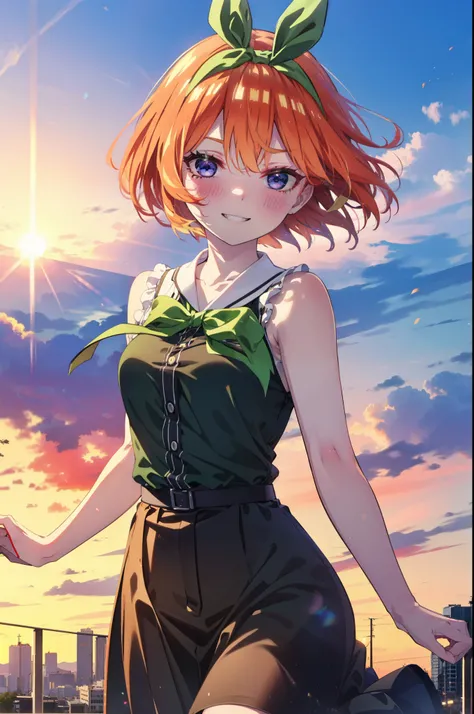 yotsubanakano, yotsuba nakano, bangs, short hair, blue eyes, Hair between the eyes, hair ribbon, hair band, Orange Hair, (Green ribbon:1.5), smile, Grin,smile,sleeveless black dress,Bare arms,Black long skirt,Cute heeled sandals,sunset,evening,The sun goes...