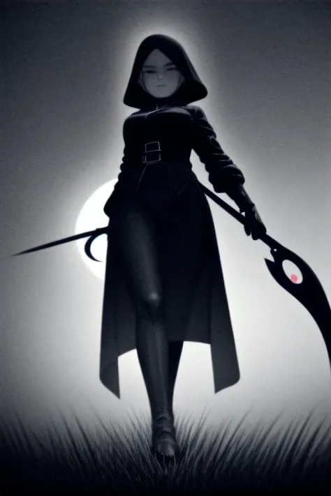 (monochrome, grayscale:1.2) ,Black Grim Reaper, Late Night Battlefield, Huge grass cutting scythe, (Crescent Moon:1.2), Pale face, fully clothed, giga_busty, standing, full body shot, front view from below, dark cinematic lighting,