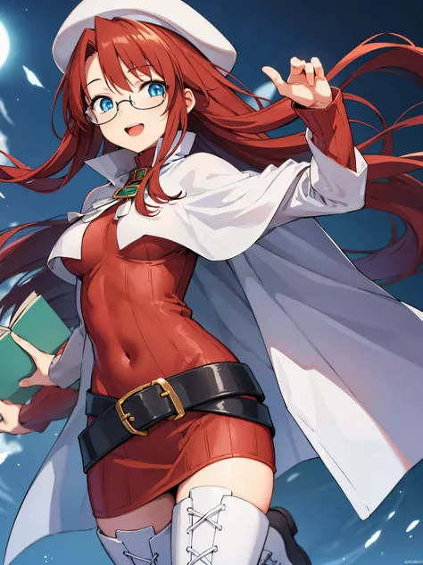 pov,nsfw,summonnightaty, aty, (young:1.3),long hair, blue eyes, red hair, large_beret, hat, glasses,
BREAK long hair, thighhighs, hat, dress, boots, glasses, belt, cape, sweater, zettai ryouiki, beret, thigh boots, white footwear, ribbed sweater, loose bel...