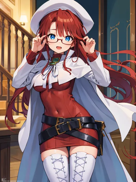 pov,nsfw,summonnightaty, aty, (young:1.3),long hair, blue eyes, red hair, large_beret, hat, glasses,
BREAK long hair, thighhighs, hat, dress, boots, glasses, belt, cape, sweater, zettai ryouiki, beret, thigh boots, white footwear, ribbed sweater, loose bel...