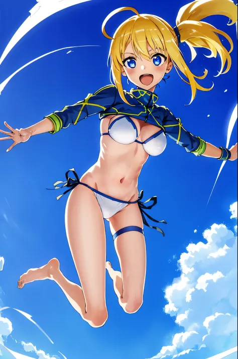 masterpiece,(ultra-detailed),1girl, mysterious heroine xx (fate), half_eyes,smile,open mouth, swimsuit, white bikini, side-tie bikini bottom, shrug (clothing), jacket,  thigh strap, wristband,  large_breasts, ocean, splashing,blonde_ponytail,open_legs,cap,...