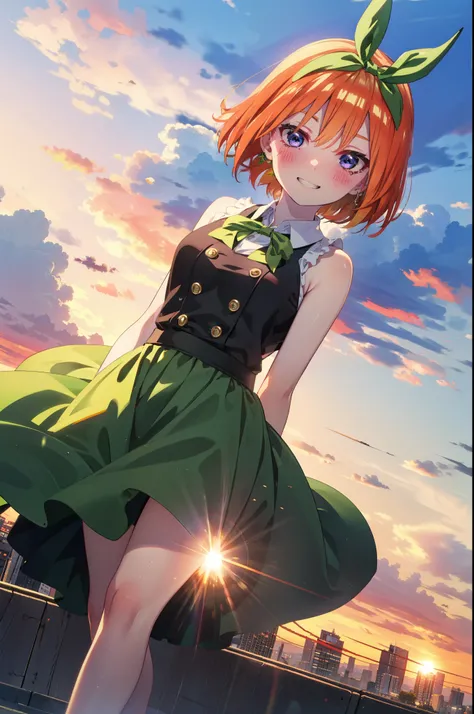 yotsubanakano, yotsuba nakano, bangs, short hair, blue eyes, Hair between the eyes, hair ribbon, hair band, Orange Hair, (Green ribbon:1.5), smile, Grin,smile,sleeveless black dress,Bare arms,Black long skirt,Cute heeled sandals,sunset,evening,The sun goes...