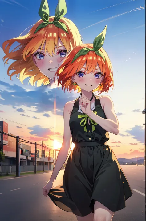 yotsubanakano, yotsuba nakano, bangs, short hair, blue eyes, Hair between the eyes, hair ribbon, hair band, Orange Hair, (Green ribbon:1.5), smile, Grin,smile,sleeveless black dress,Bare arms,Black long skirt,Cute heeled sandals,sunset,evening,The sun goes...