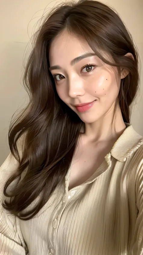 ((highest quality, 8k, masterpiece: 1.3)), 1 female, Japanese Mature,Sensual beauty: 1.3, (Hair style Brown hair Medium wave, big: 1.2), Nightwear　Good top: 1.1, Super slender face, Delicate eyes, double eyelid, smile,Dimples,Mole, Home,Plump body,very thi...