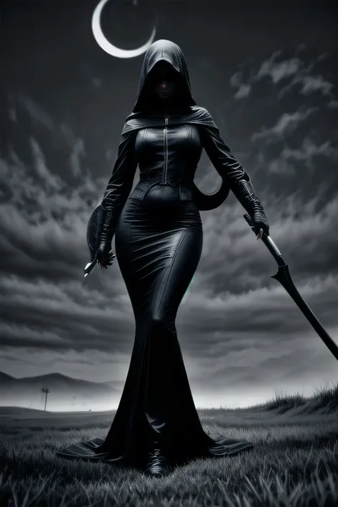 (monochrome, grayscale:1.2) ,Black Grim Reaper, Late Night Battlefield, Huge grass cutting scythe, (Crescent Moon:1.2), Pale face, fully clothed, giga_busty, standing, full body shot, front view from below, dark cinematic lighting,