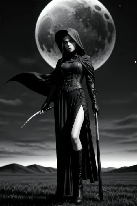 (monochrome, grayscale:1.2) ,Black Grim Reaper, Late Night Battlefield, Huge grass cutting scythe, (Crescent Moon:1.2), Pale face, fully clothed, giga_busty, standing, full body shot, front view from below, dark cinematic lighting,