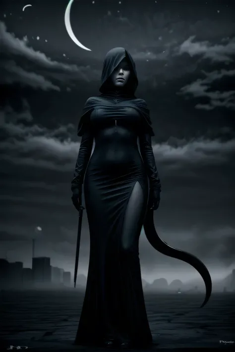 (monochrome, grayscale:1.2), Black Grim Reaper, Late Night cityscape, Huge scythe, (Crescent Moon:1.2), Pale face, fully clothed, giga_busty, standing, full body shot, front view from below, dark cinematic lighting,